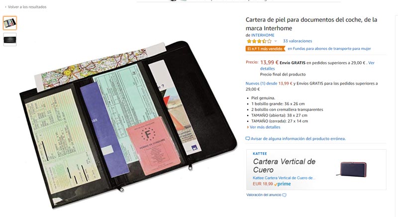 cartera para documentos del coche